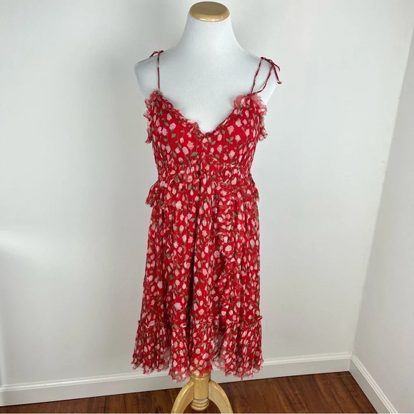 The Kooples Red Floral Tie Strap Ruffle Babydoll Dress Size 3 US M - Picture 1 of 7